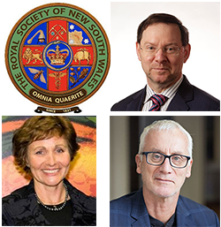 Collage of the RSNSW Seal, Professor John Rasko, Rrofessor Sandra Lynch and Professor Huw Price